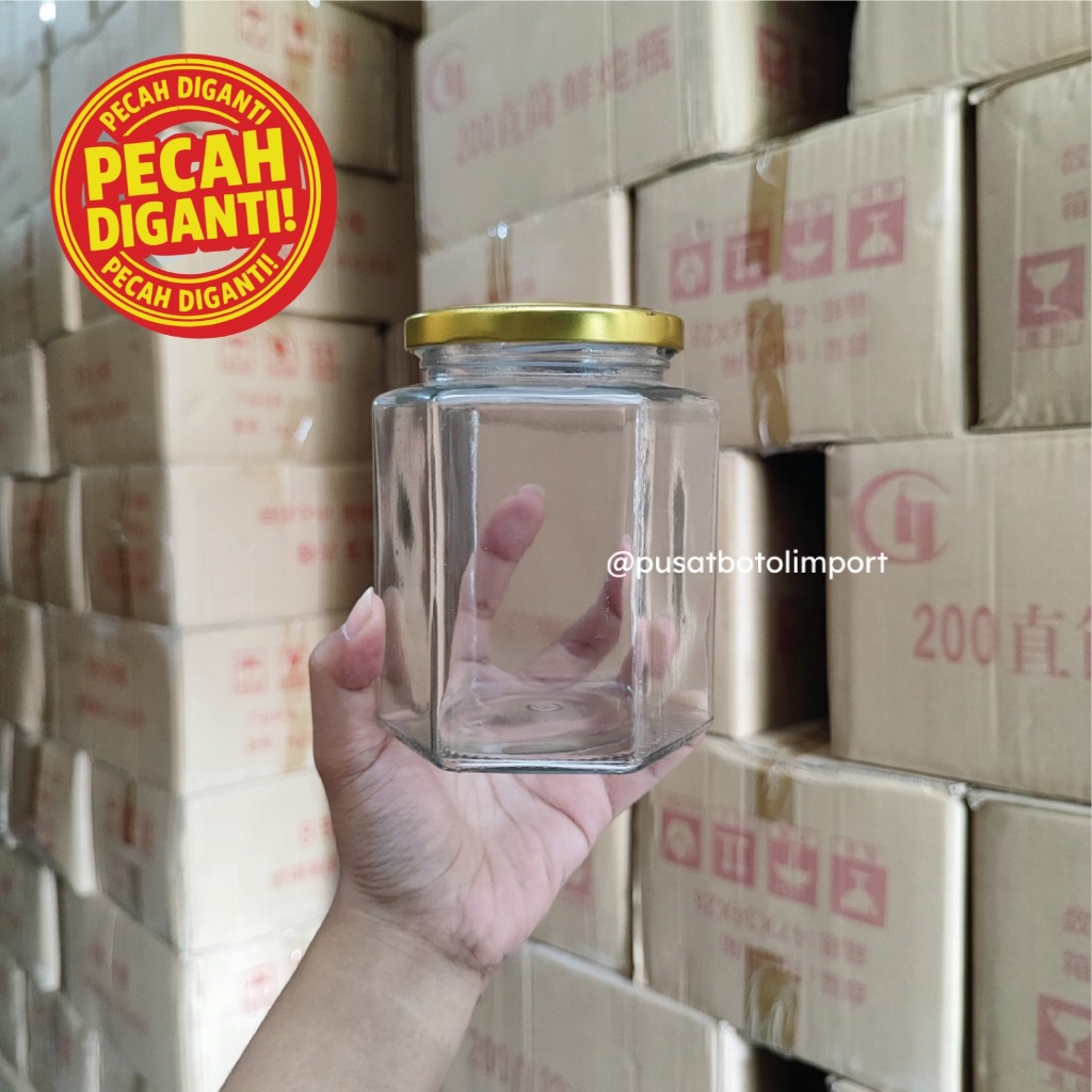 ‼️ PECAH DIGANTI ‼️ Jar Kaca Tutup Emas 500ml / Hexagonal Jar Gold Lid 500ml - HX06