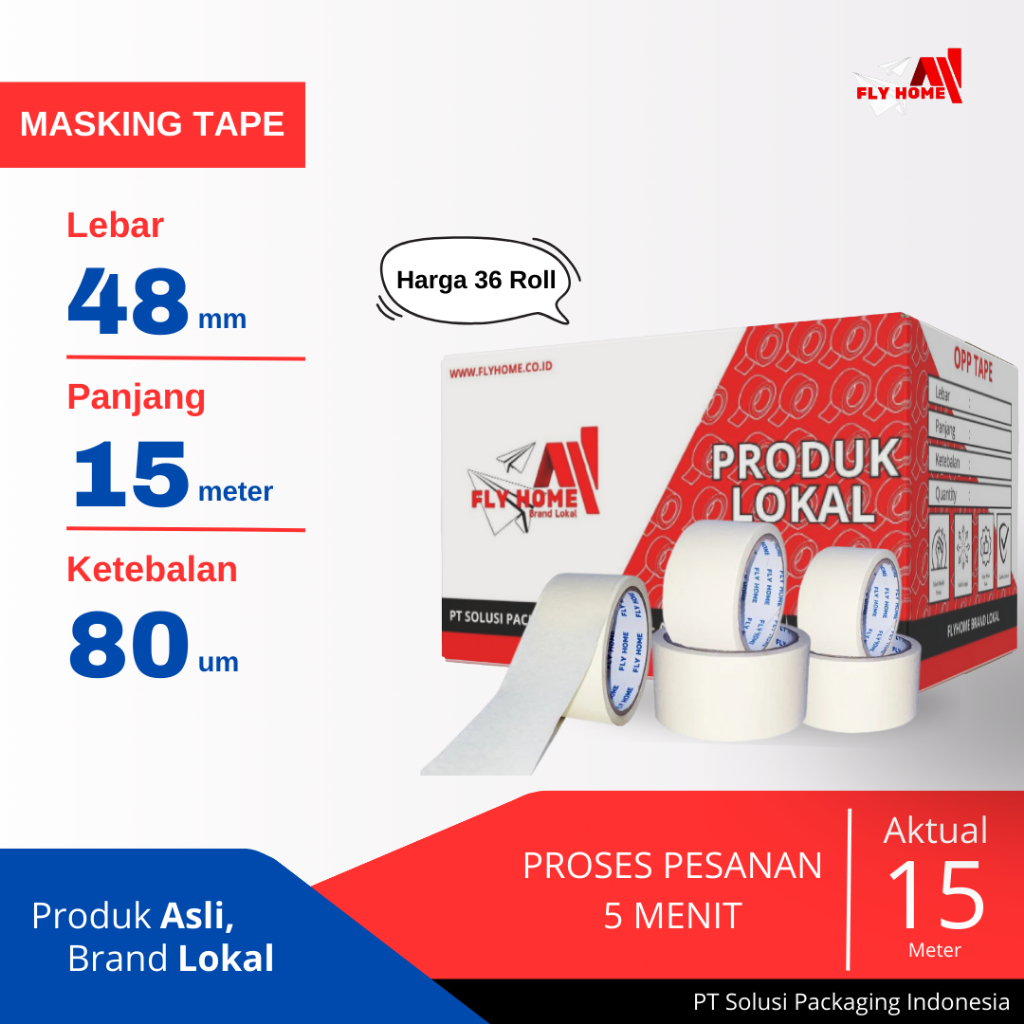 

FLYHOME LAKBAN KERTAS 48MM X 15METER 1/2 DUS 36 ROLL MASKING TAPE UKURAN FULL