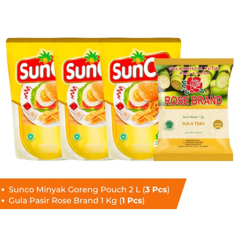 

Paket minyak goreng sunco 2 liter dan gula rosebrand 1 kg