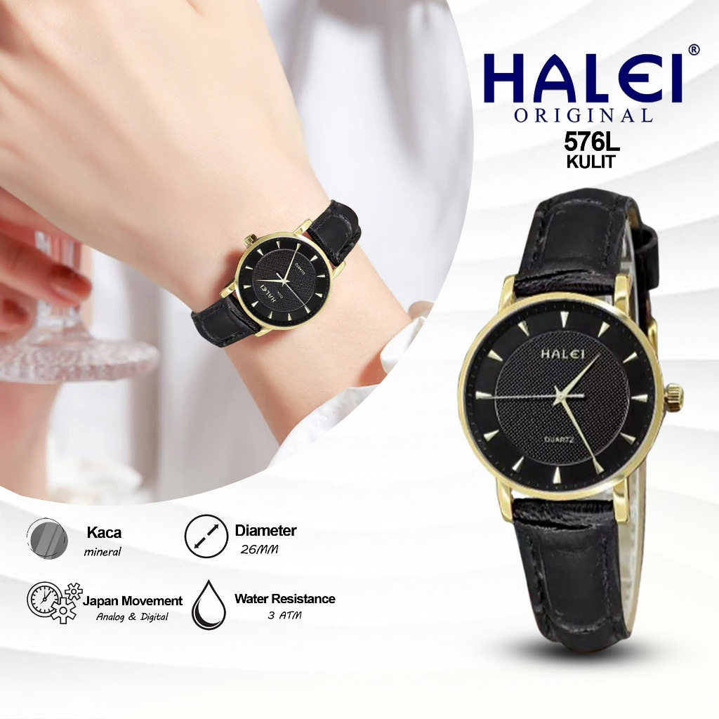 HALEI IND 576 L - Bergaransi Original Jam Tangan Cewek Tali Kulit Ada Tanggal Jamin Anti Air