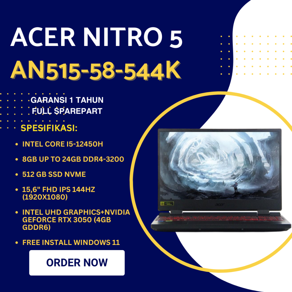 Laptop Terbaru Dengan Performa Tinggi - Laptop Nitro Intel Core i5 Gen 12 - Free Install Win 11 Siap