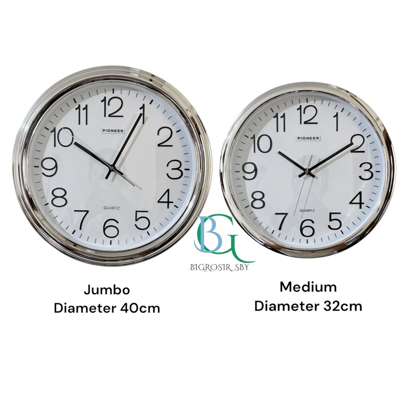 Arwana_Berry Pioneer Jam Dinding Bulat Jumbo 40Cm Silver Chrome Premium Anti Karat Free Baterai