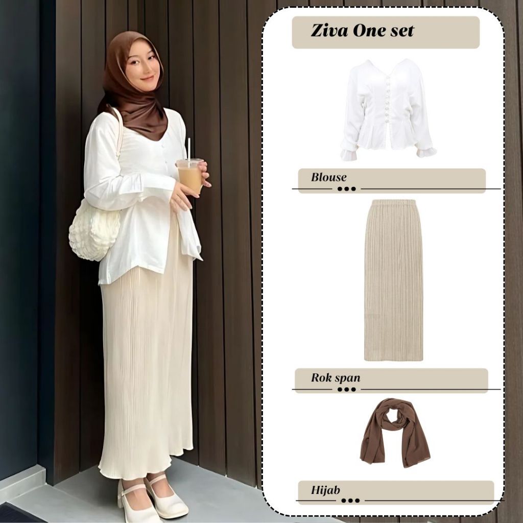 Ziva One Set Wanita Blouse Rok Pasmina Hijab Setelan Hangout Simple Outfit Lebaran Baju Kondangan