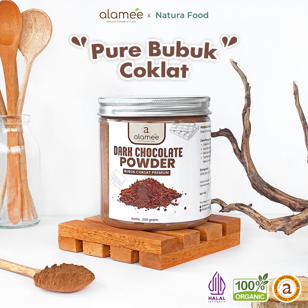 

ALAMEE Dark Chocolate Powder PREMIUM Minuman Bubuk Coklat Gluten Free Dark Cocoa Tanpa Gula 250gr