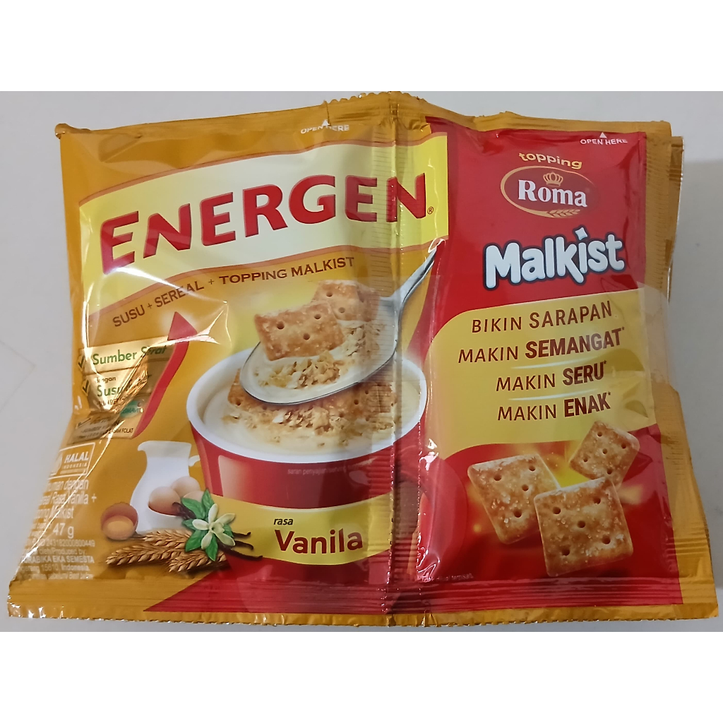 

1 PACK ISI 5 ENERGEN Minuman Susu Sereal Rasa Vanila + Topping Roma Malkist Sachet