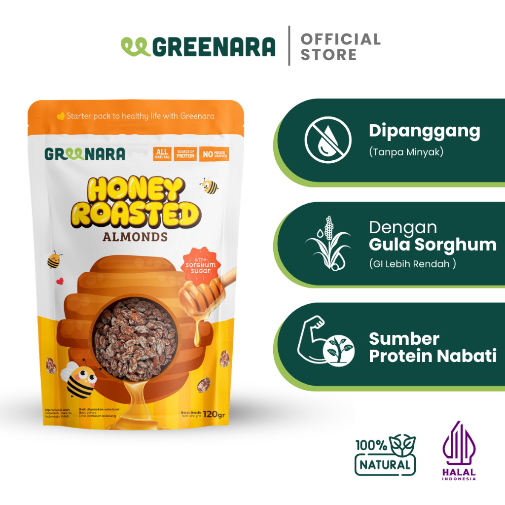 

Greenara Natural Honey Roasted Almonds 120gr Low Calorie (160cal / Serv) / Snack Kacang Sehat Alami