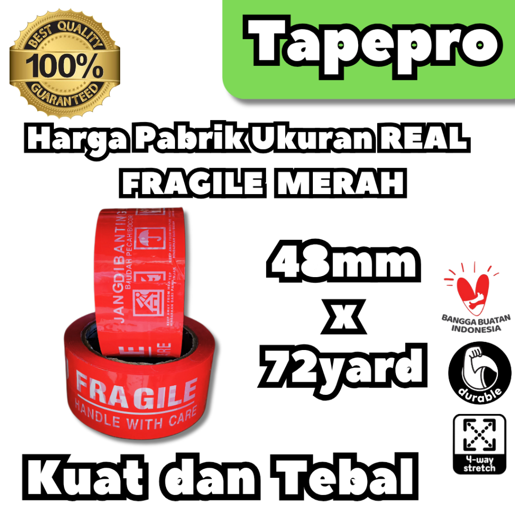 

Tapepro Isolatip/Solatip/Lakban OPP 48mm x 72y , 90y Fragile Merah Super Lengket Tebal