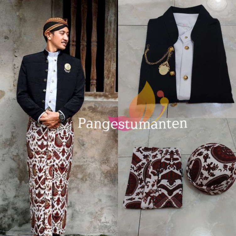 KODE V34L 1SetPakaian Adat JawaBeskap Hewes Jarik Instan Sudah Jadi  Blangkon Solo