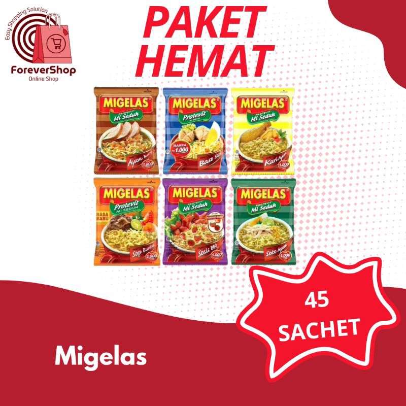 

Migelas PAKET HEMAT 45 PCS - Mie Instant Rasa Ayam Bawang, Baso Sapi, Kari Ayam, Sop Buntut, Sosis BBQ, Soto Ayam dan Mie Goreng