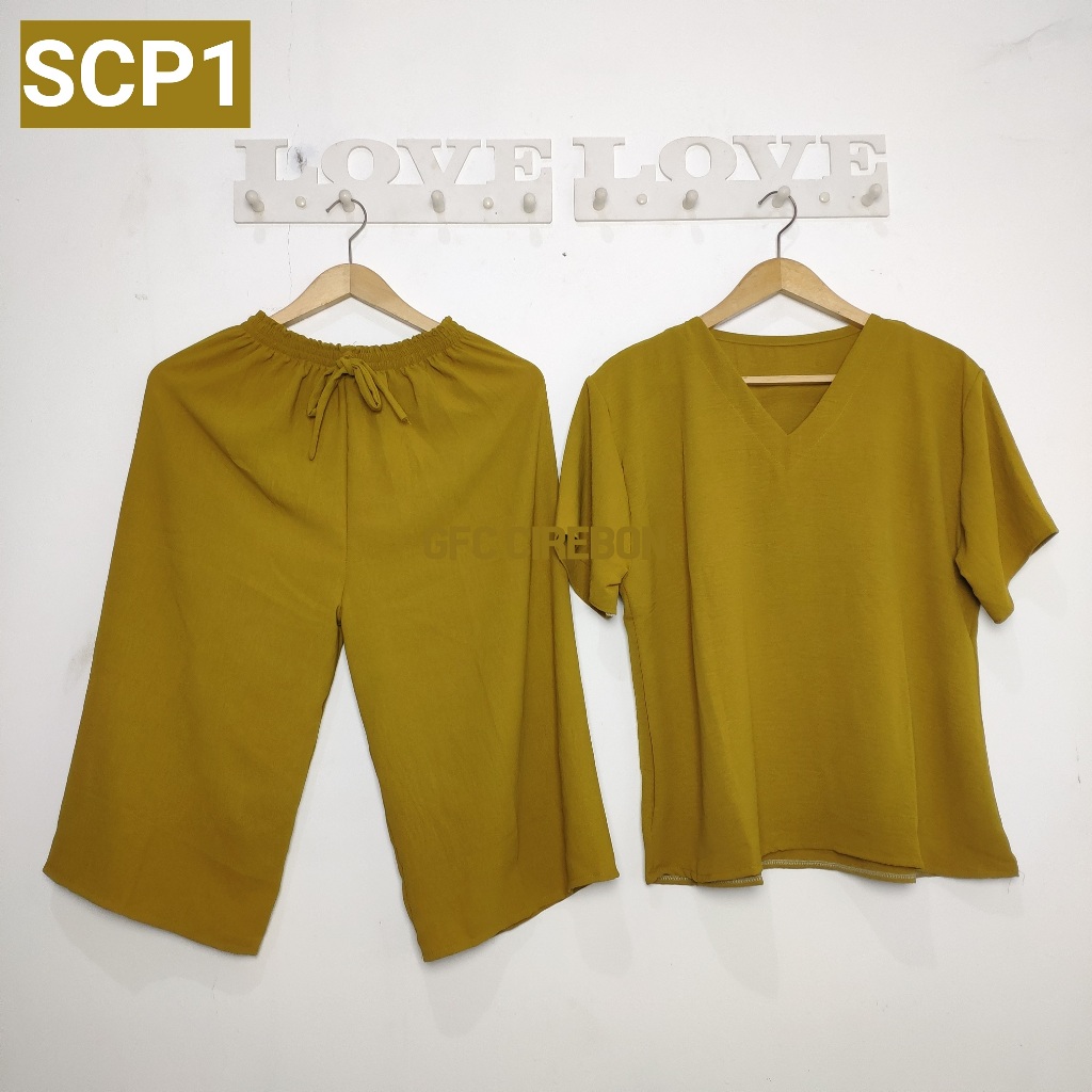 One Set Crinkle Polos / Setelan Crinkle V-Neck Baju Wanita Kekinian