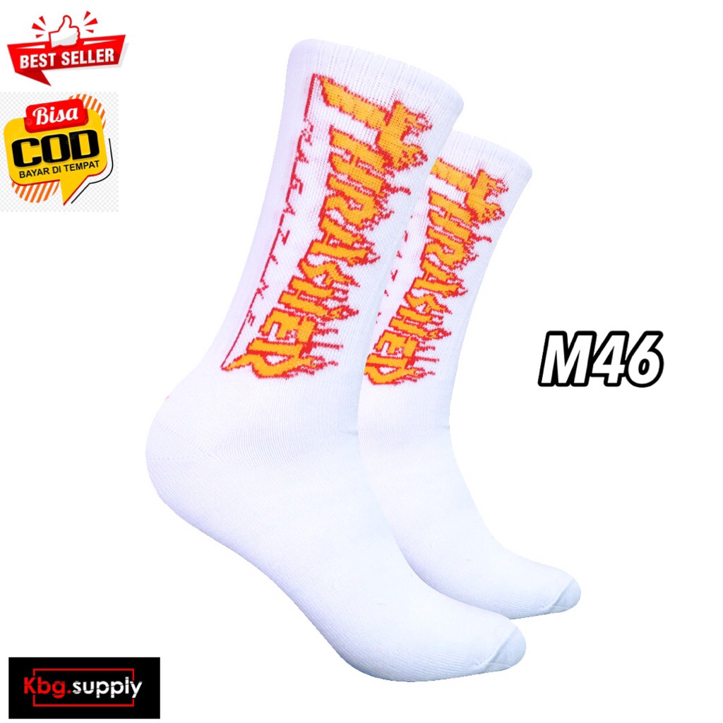 Kaos Kaki Oldschool - Kaos Kaki Skate Putih Api Kuning - Kbg.Supply - M46