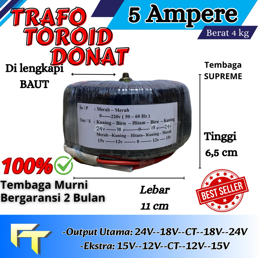 Trafo toroid donat 5 ampere CT 24V - 18V murni