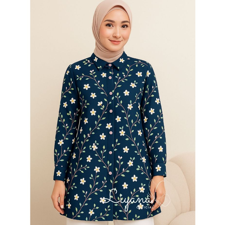 Kemeja Tunik Wanita Motif Bunga Rayon Adem | Full Kancing | Busui Friendly | Panjang Kekinian