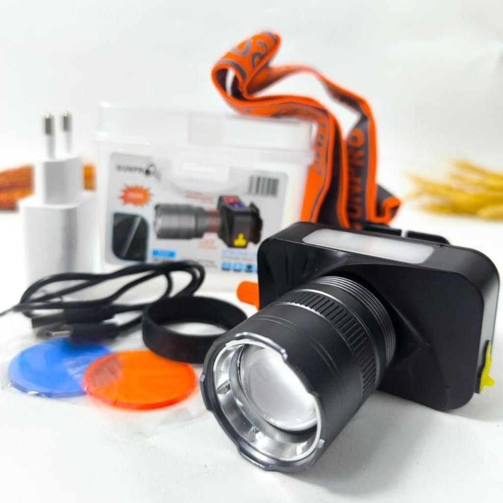 Terbaru Senter Kepala Zoom 200Watt SUNPRO SL-8991 Super Terang Murah Bisa COD (Senter Kepala zoom su
