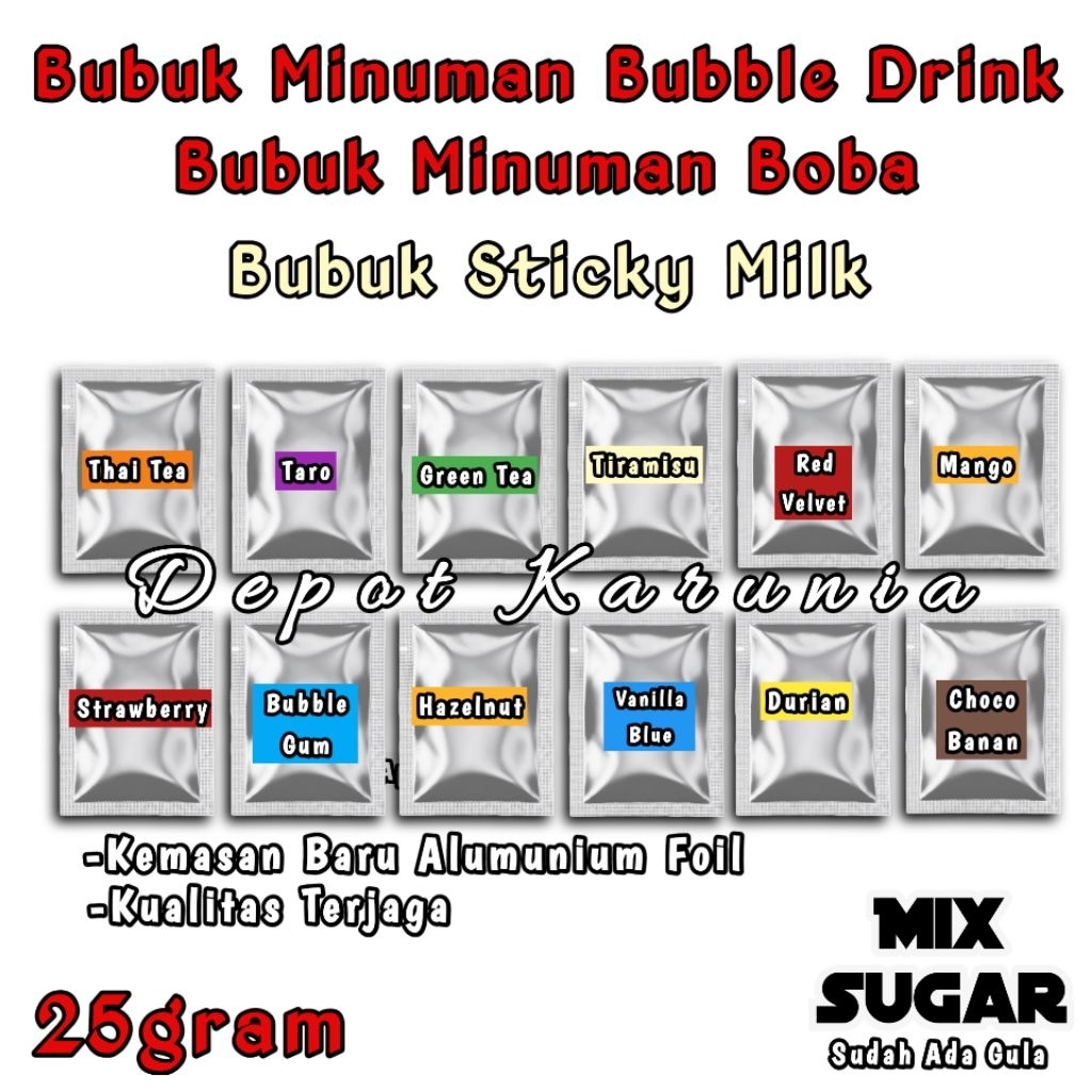 

Serbuk Minuman Rasa 25gr Plain Tanpa Gula atau Mix Plus Gula Aneka Rasa Terlaris Bubuk Minuman Aneka Rasa 25 gram Termurah Ala Cafe