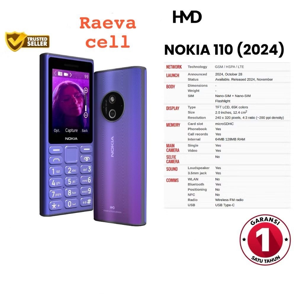 Nokia 110 (2024) Handphone Jadul Camera Garansi Resmi 1 Tahun ORIGINAL 100%