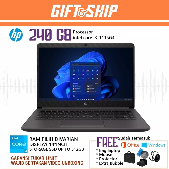 HP 240 G8 Core i3-1115G4 [RAM 12GB/SSD 512GB] 14" INCH W 11 free BAG LAPTOP-MOUSE
