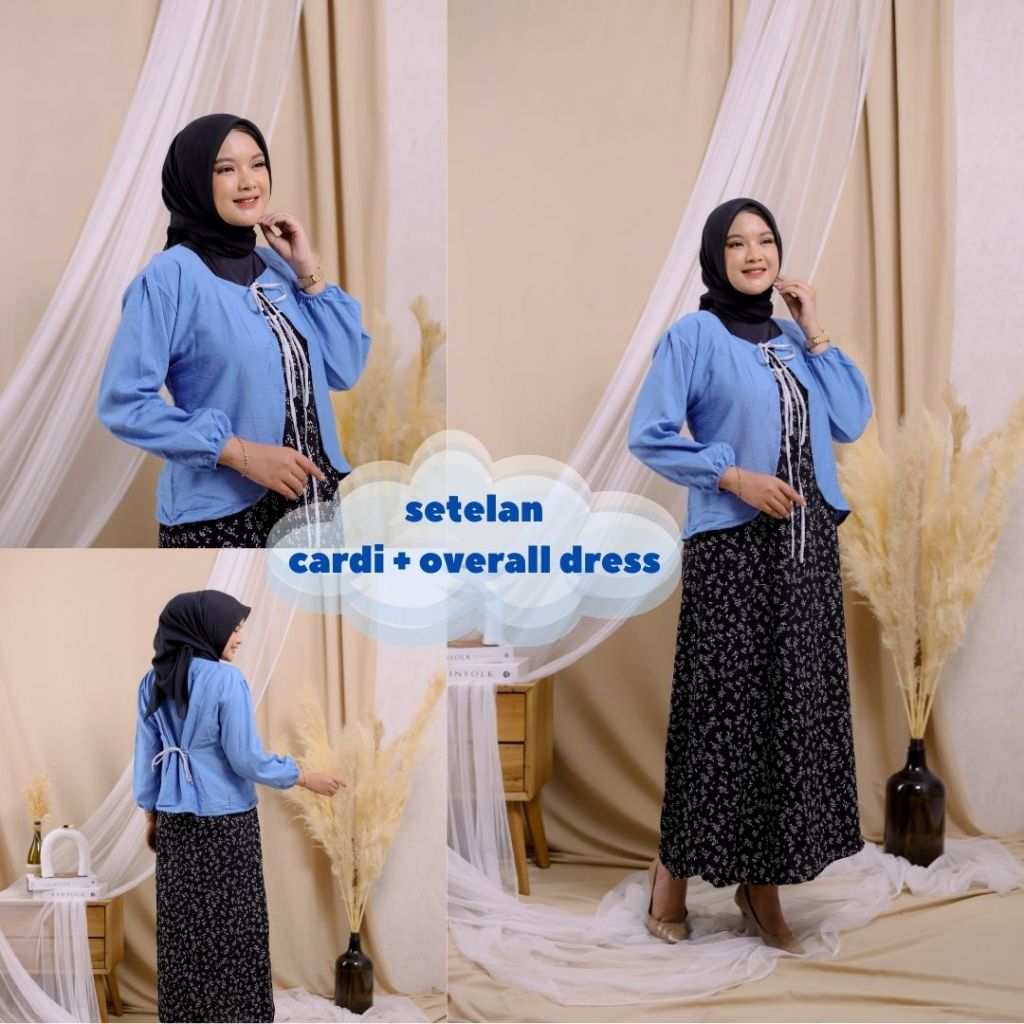 SETELAN CARDI CROP TALI PITA + OVERAL DRESS MOTIF FLORAL / ONESET CARDIGAN MODEL TALI PITA +  OVERAL
