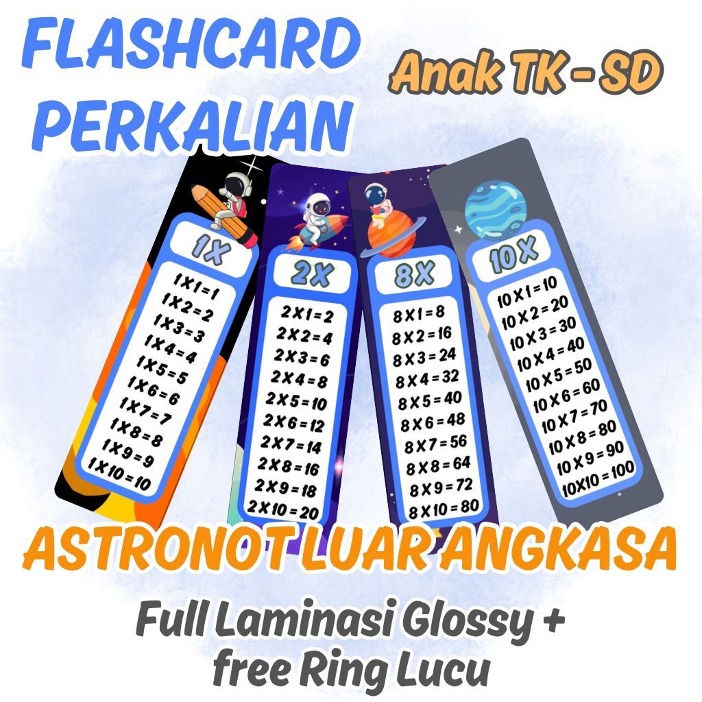Flashcard Perkalian Matematika Tema Astronot Anak TK - SD Kartu Tabel Perkalian Lengkap 1-10