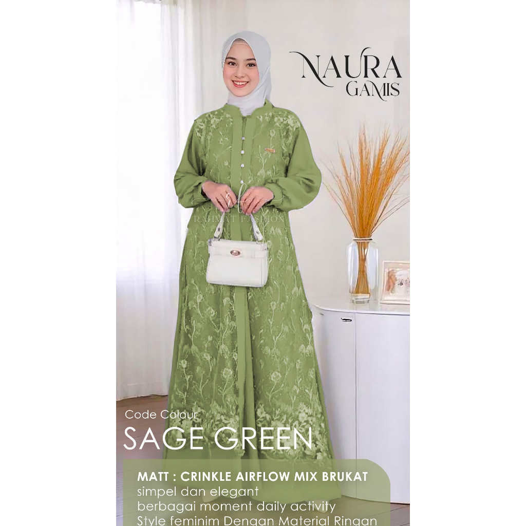 NAURA GAMIS SAGE GREEN MEWAH TERLARIS BAHAN CRINKLE MIX BRUKAT