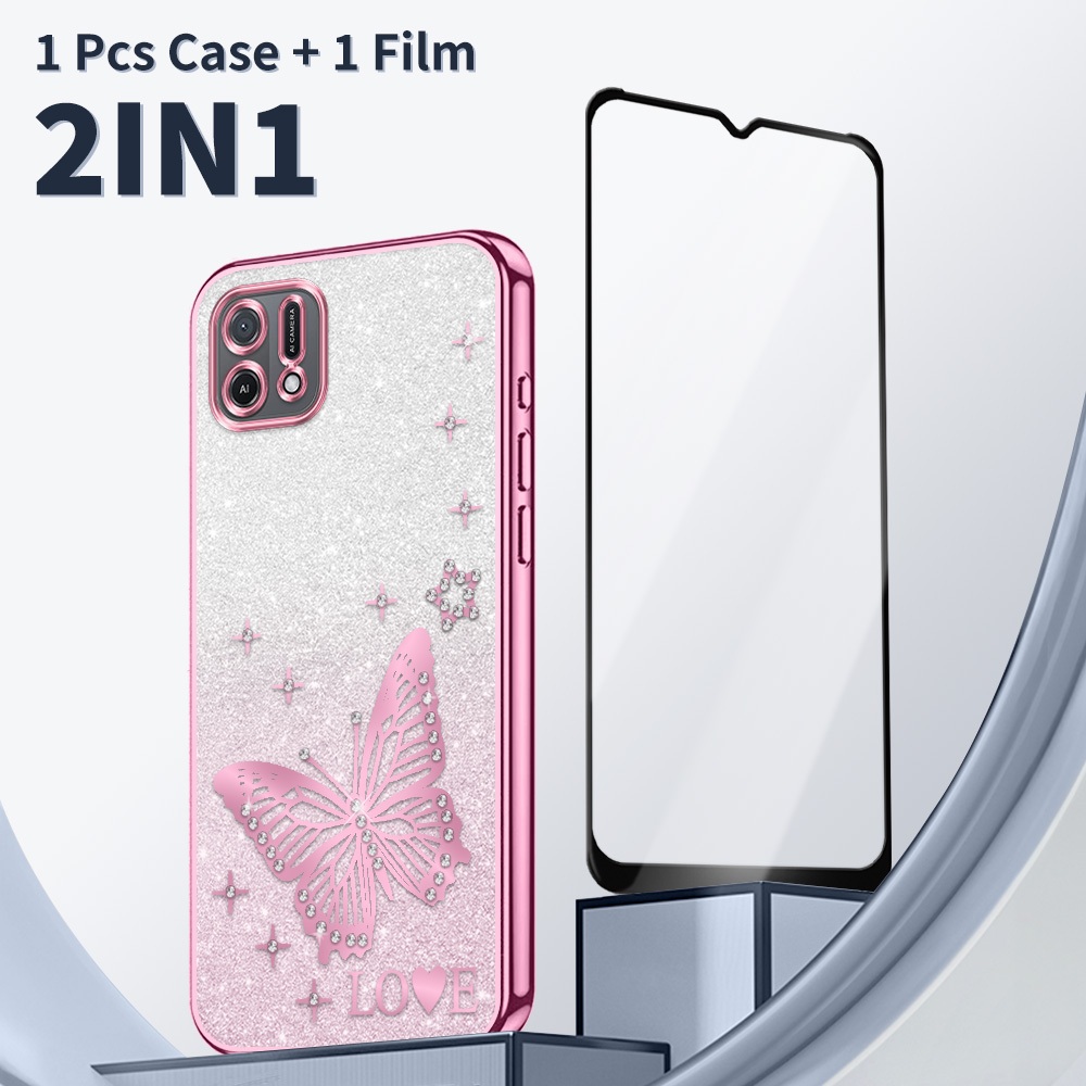 2 in 1 Casing HP untuk OPPO A16K A16e Case Aesthetic Bling cover + Film Keramik Anti Gores