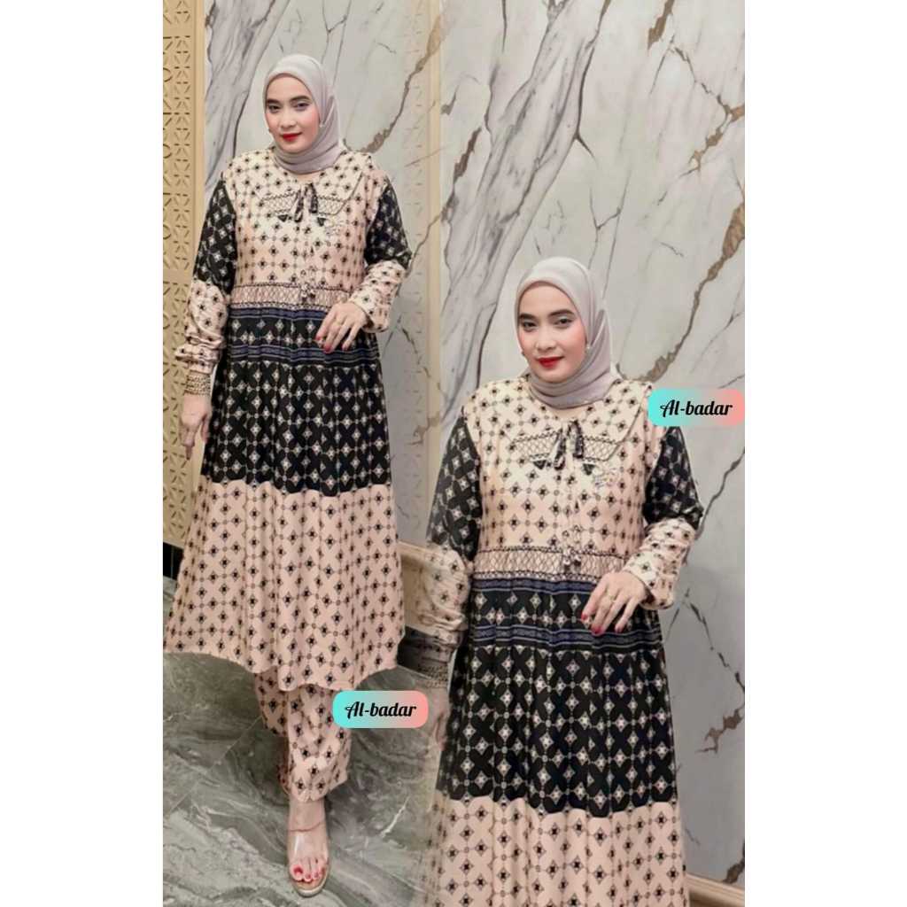 BISA [COD] SETELAN CELANA RAYON TUNIC SETELAN CELANA MOTIF PIRAL UKURAN JUMBO RAYON PREMIUM KEKINIAN