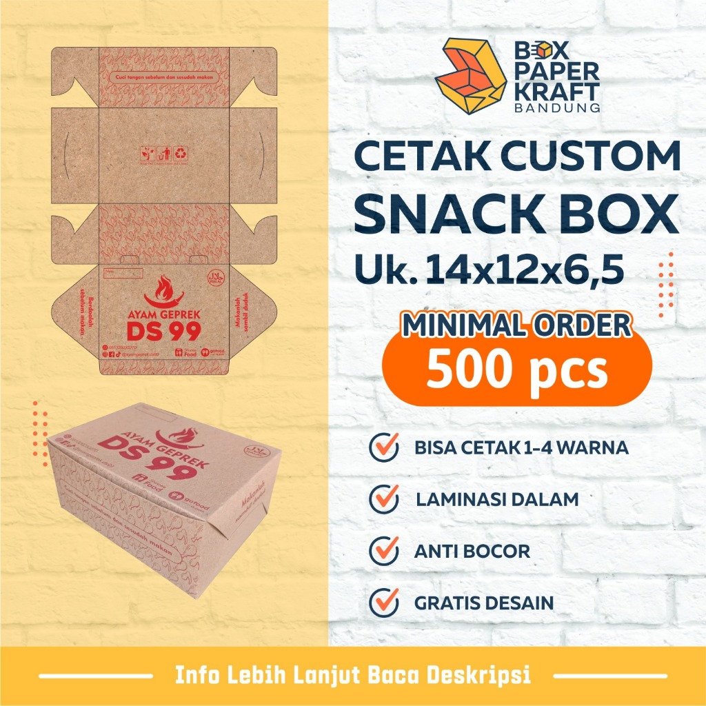 Cetak custom Dus Snack Box 14x12x6,5 Kraft 290gsm Printing Warna Kotak Kue Fried Chicken