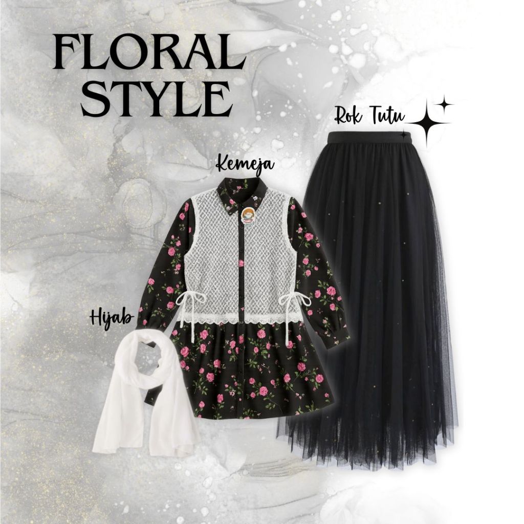 Floral Style- Outfit Remaja Kekinian Hangout Outfit (Blouse- Rok Tutu- Hijab Bellasquare)