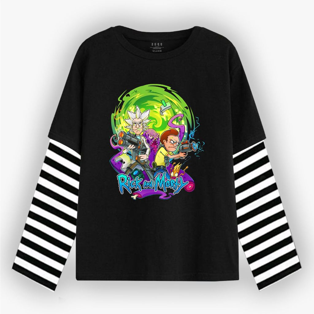 Zuro - T-shirt Double layer Rick And Morty long sleeve  kaos pria wanita