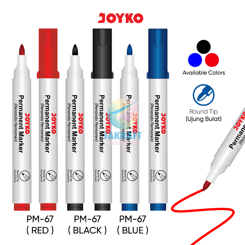 

(10 Pcs) GROSIR Spidol Permanen Tidak Bisa Dihapus JOYKO PM-67 Hitam Black / Biru Blue / Merah Red Permanent Marker Segala Permukaan Kering | PACK