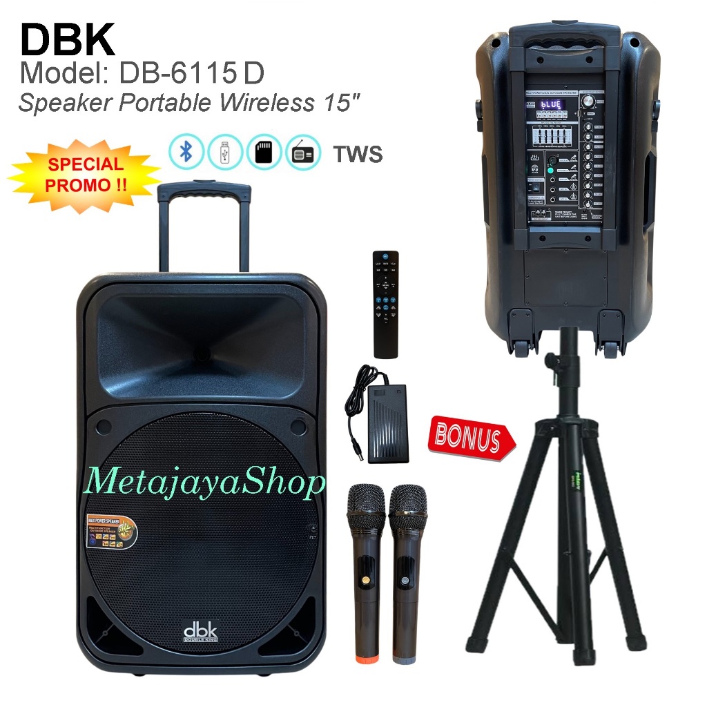 Speaker Portable DBK DB-6115D Speaker Wireless 15 Inch BT, USB, TWS , SD Card , EQ