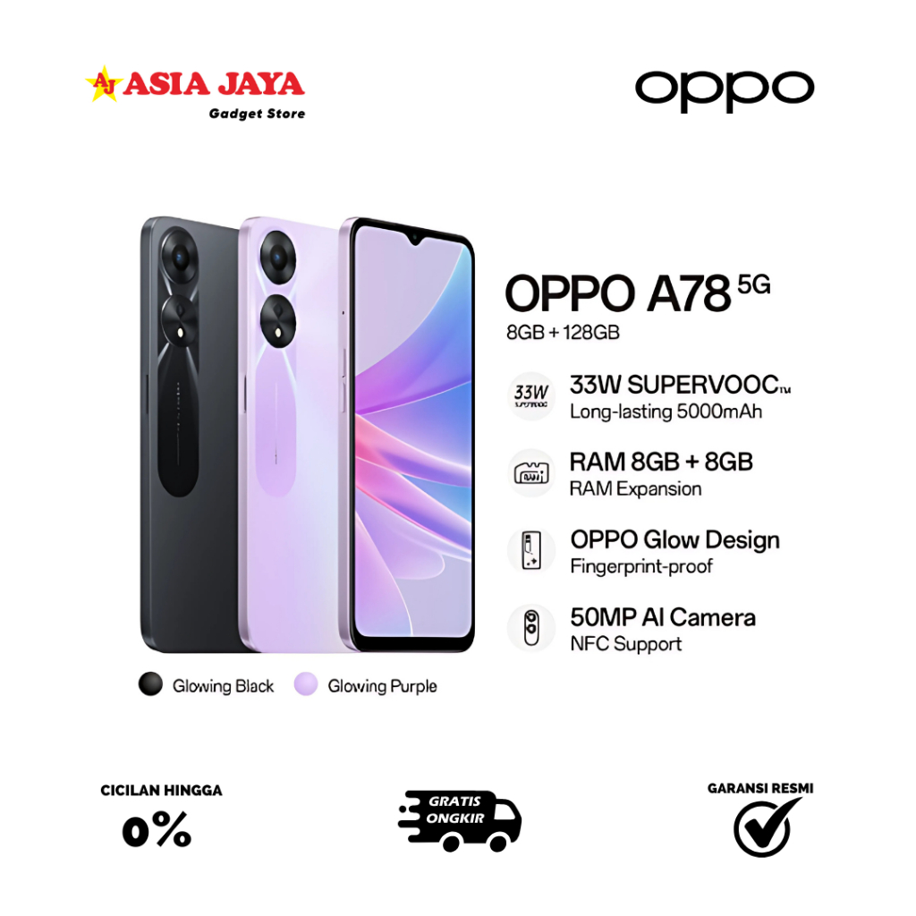 OPPO A78 5G 8GB/128GB [33W SUPERVOOC+5000mAh Battery, RAM 8GB+8GB, OPPO Glow Design, NFC Support] - 