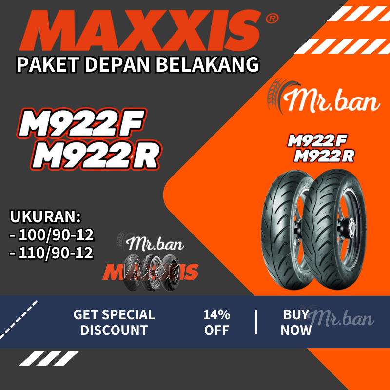 PAKET BAN LUAR MOTOR MATIC M922 F/R MAXXIS UKURAN 100/90 110/90 RING 12 TUBELESS TL | BAN DEPAN BELA