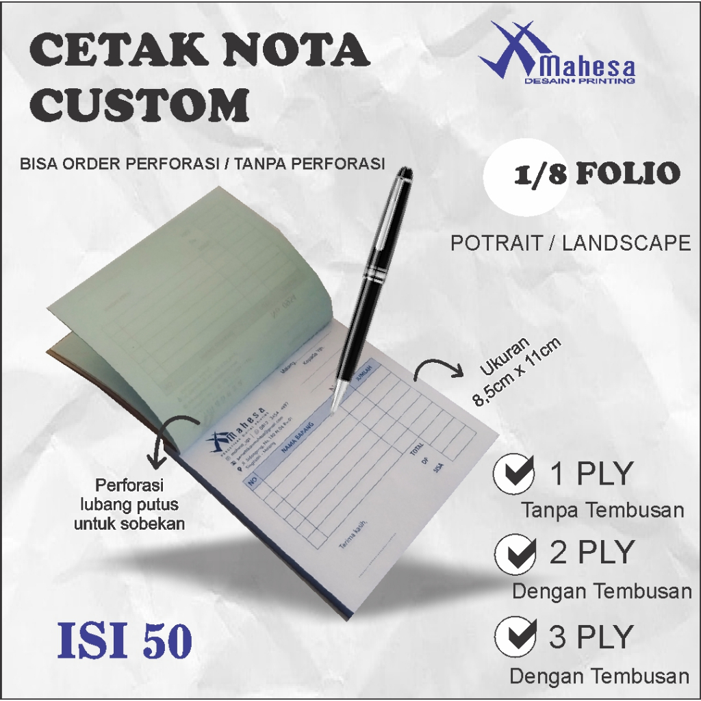 

Cetak Nota Custom , kwitansi dll ukuran 1/8 folio