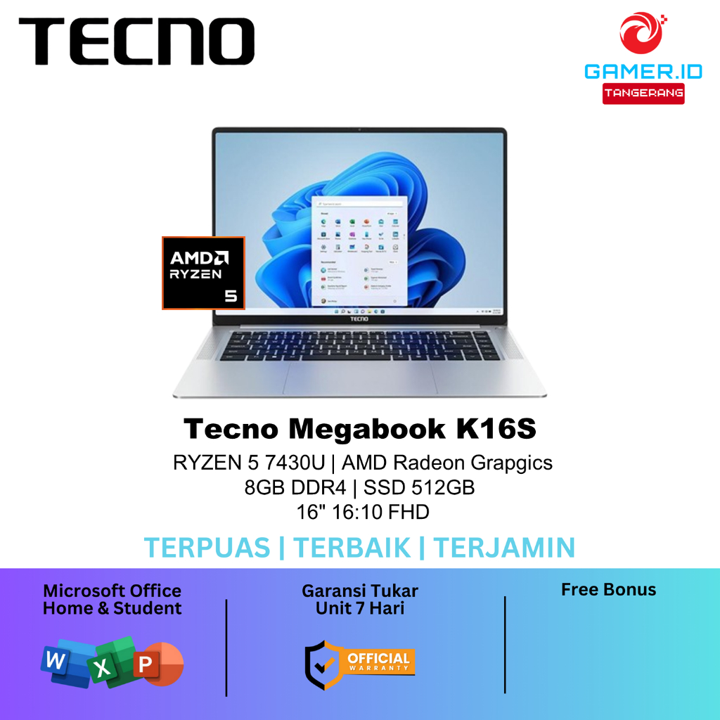 Tecno Megabook K16S Ryzen 5 7430U ram 16gb 512gb 16.0 Wuxga Ips