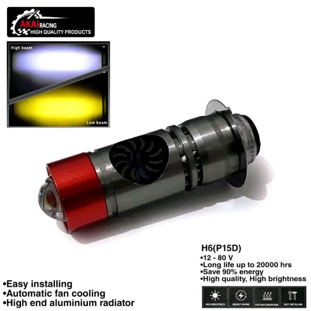 Bohlam Lampu Depan Led Akai Racing + Kipas Bohlam Laser H6 Putih-Kuning Lampu Motor Ac Dc LSVariasi