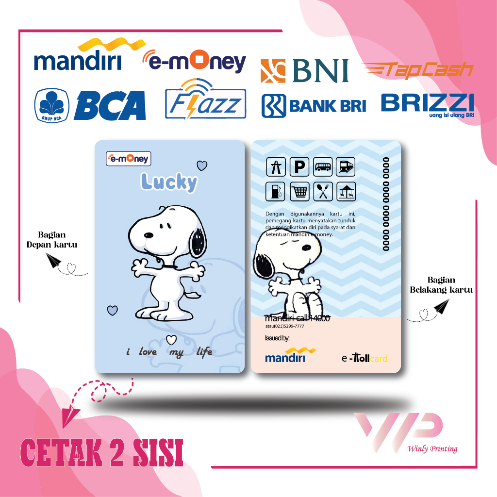 KARTU EMONEY ANIME SNOOPY LUCKY E TOLL MANDIRI FLAZZ BCA GEN 2 BNI TAPCASH BRIZZI BRI - 2 SISI