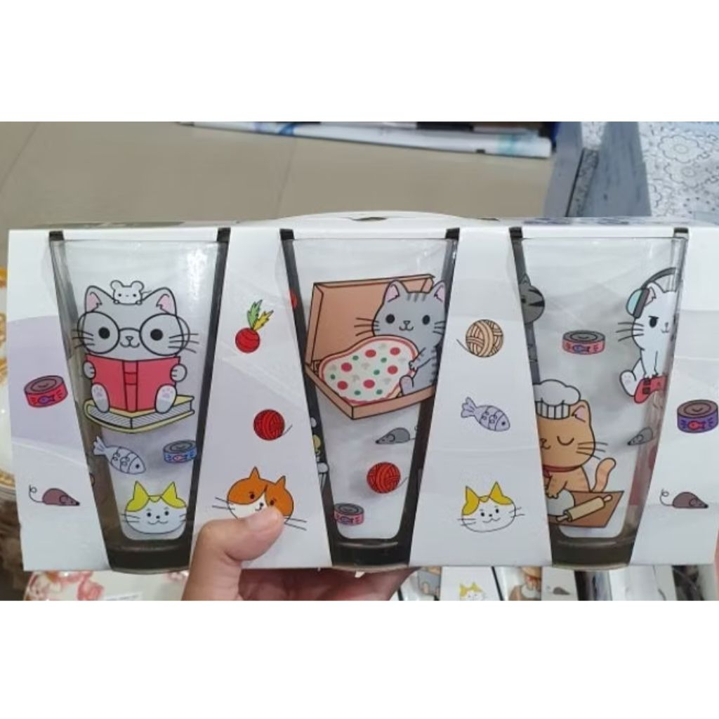 Set Gelas Kaca Motif Kucing dan Sapi Lucu Dekoratif - Set Gelas Kaca B Home 3pcs - Set Gelas Kaca So