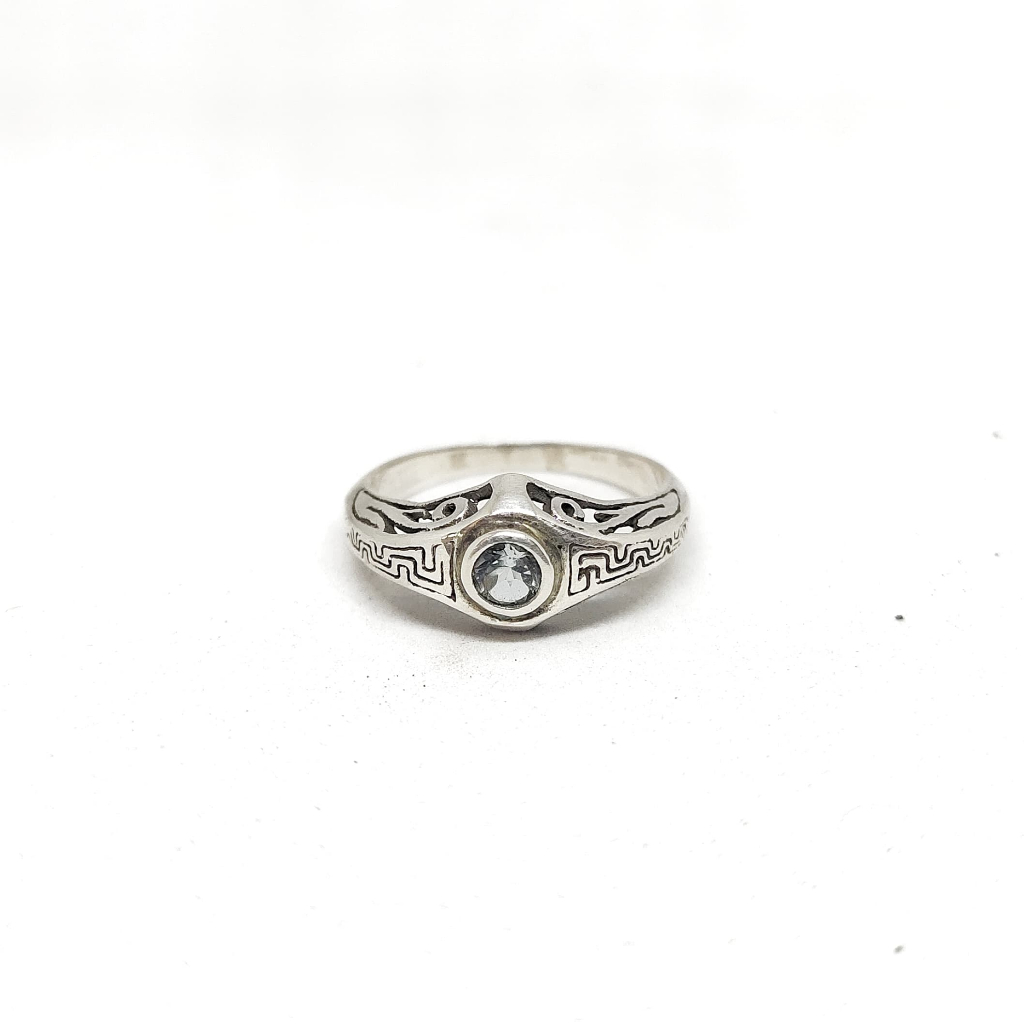 Ring Cincin Perak Silver 925 Motif Meander Batu Permata Blue Topaz Pria Wanita Costum