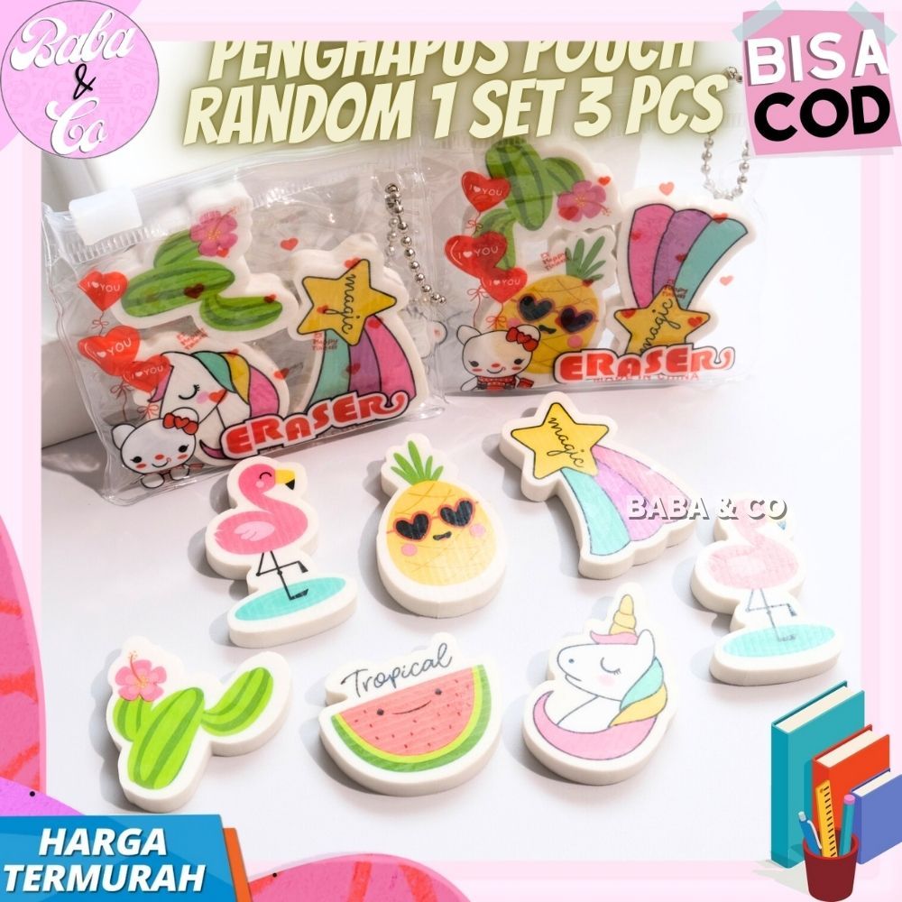

PENGHAPUS POUCH 1 SET 3pcs PENGHAPUS PENSIL KARTUN RANDOM LUCU UNIK PENGHAPUS POUCH MURAH UNIK PENGHAPUS PENSIL UNICORN KAKTUS SEMANGKA FLAMINGO