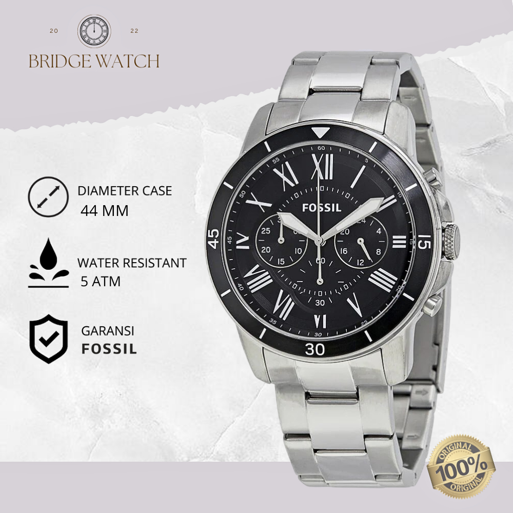Jam Tangan Pria Fossil FS5236 Grant Chronograph Silver Stainless Steel Strap Rantai Black Dial Casua