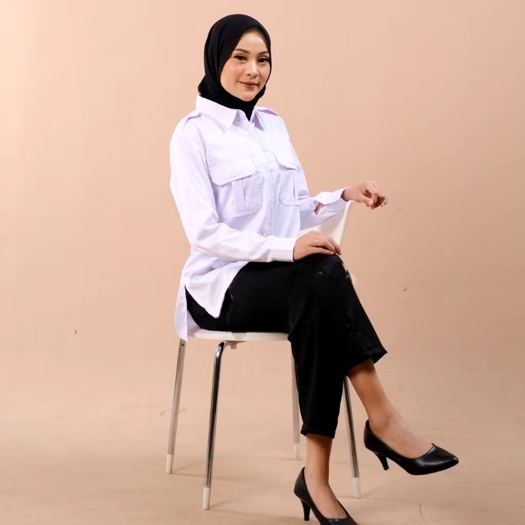 Baju Dinas PDH PNS Putih Pria Dan Wanita Kerah Hitam Baju Seragam Dinas Terbaru, Premium