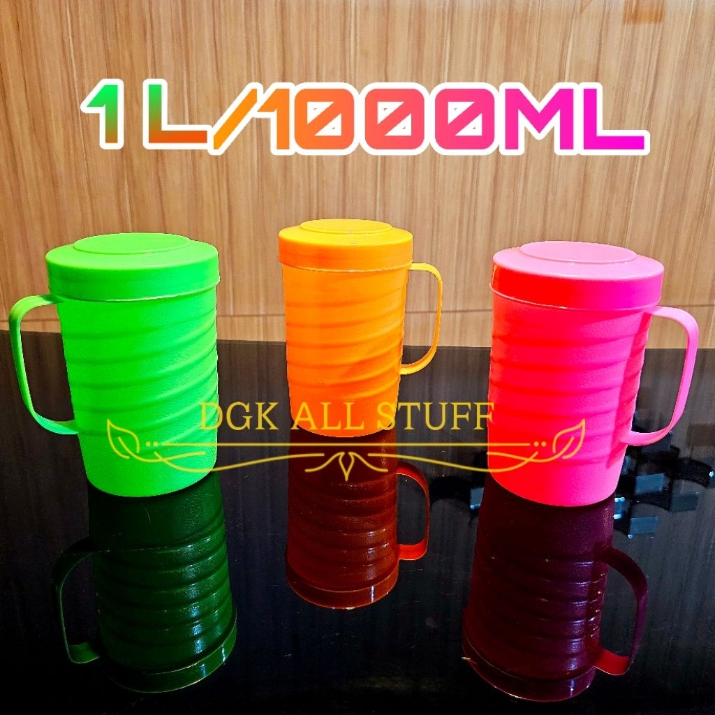 Mug Cangkir Gelas Gagang Tutup Bertutup DRAT PUTAR Motif Ulir Garis Garis Es teh Kopi Plastik BESAR 