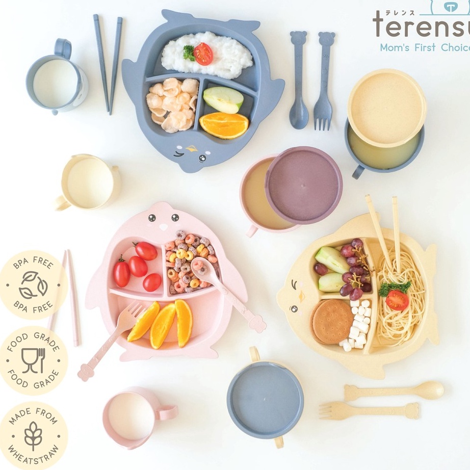 BISA COD Terensu  SATU SET  Alat Makan Anak Sekat Motif Pinguin   Piring  Mangkok  Gelas  Sendok Gar