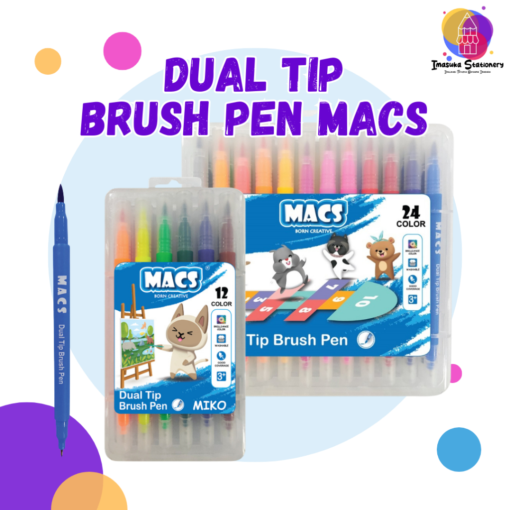 

Dual Tip Brush Pen Marker Macs 12 dan 24 Warna / Spidol Warna Macs Imasuka Stationery