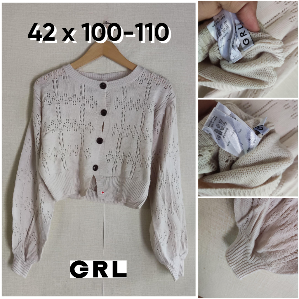Cardigan Crop GRL Coklat Susu Coksu O Neck Size L Wanita Motif Jaring Sweater Outer Knit Semi Bal0n 