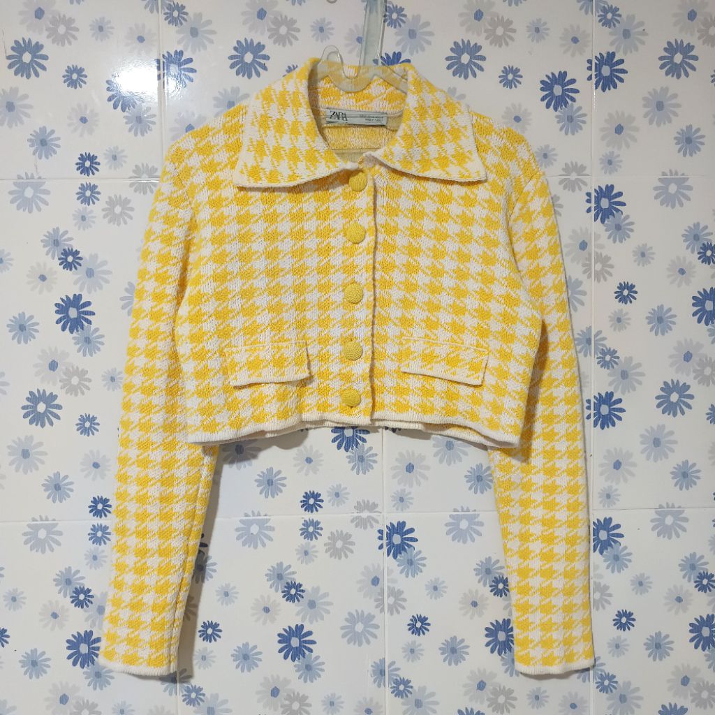 ZARA YELLOW HOUNDSTOOTH HS CARDIGAN SWEATER SWETER JACKET JAKET WITH BUTTON TOP ATASAN WOMEN WANITA 