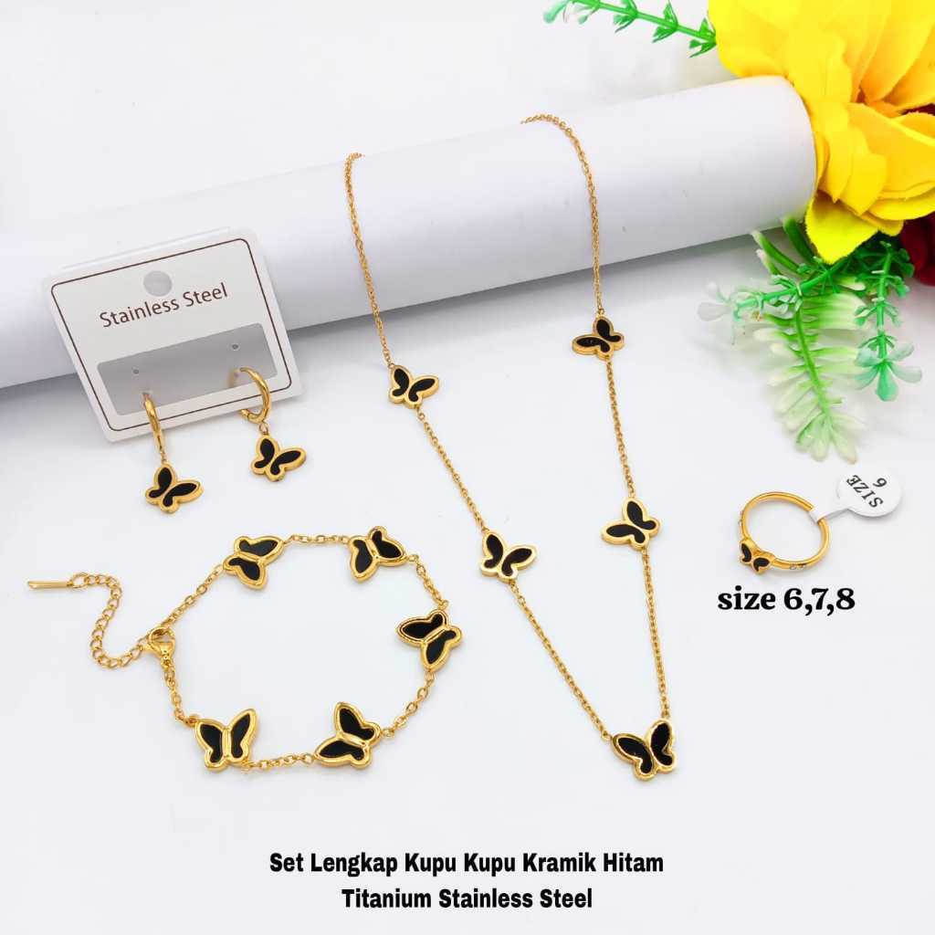 SET KUPU KUPU HITAM TITANIUM KALUNG GELANG ANTING CINCIN