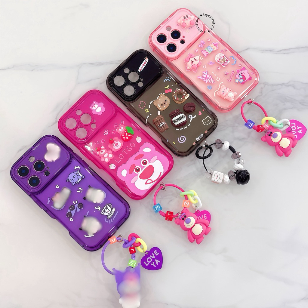 RCI192 Premium Case BEAR Strawberry - Coffee OVAL FLIP MIRROR SHOCKPROOF CASE WITH CUTIE CHARM CASIN