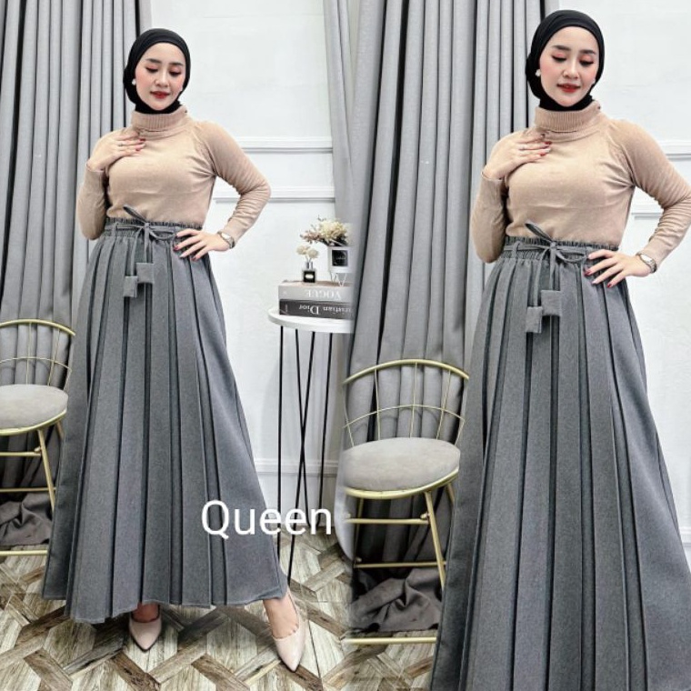 KODE V64A ROK PLISKET SEMI WOLL ROK KERJA PINGGANG KARET ROK KANTOR ROK GURU PINGGANG KARET ROK KERJ
